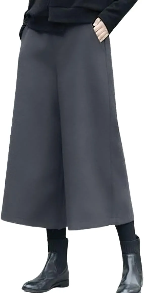chouyatou Women's Fall Wool Blend Culottes Capri Cropped Pants Elastic High Waist Wide Leg Palazzo Trouser