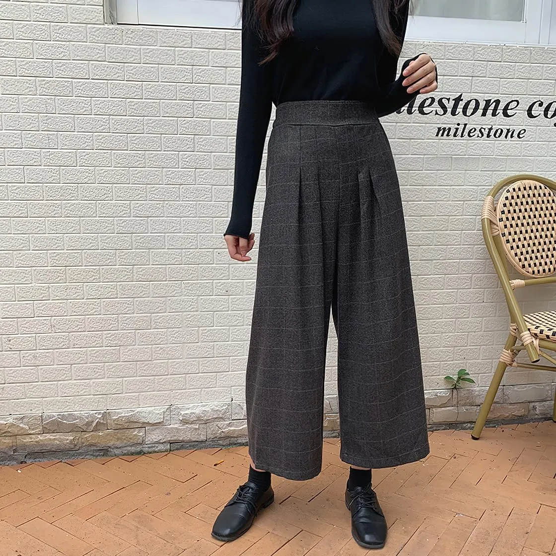 chouyatou Women's Plaid Wool Blend Culottes Capri Plaid Pants Elastic High Waist Wide Leg Palazzo Trouser