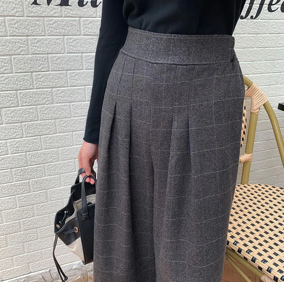 chouyatou Women's Plaid Wool Blend Culottes Capri Plaid Pants Elastic High Waist Wide Leg Palazzo Trouser