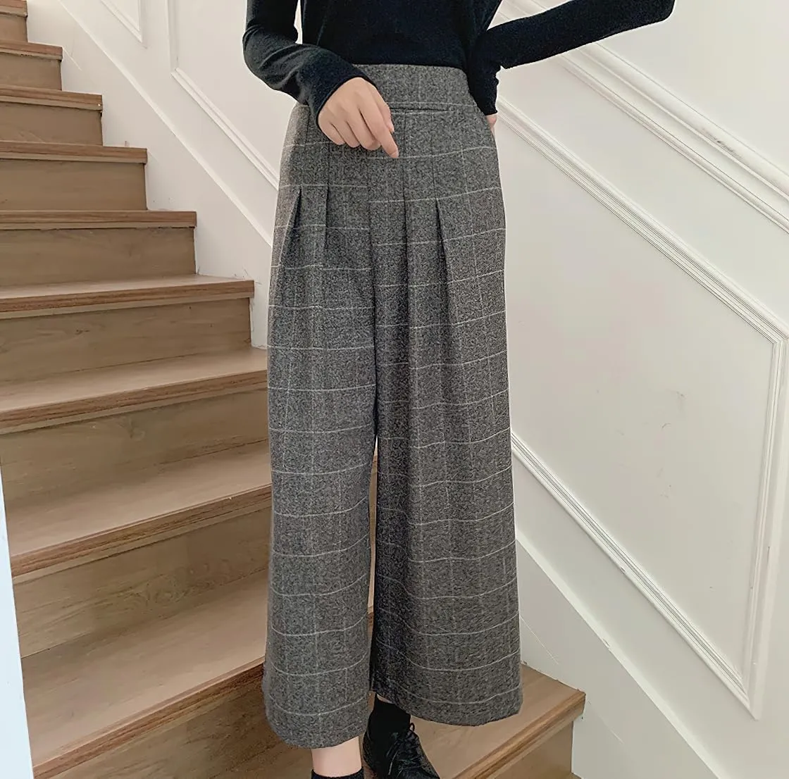 chouyatou Women's Plaid Wool Blend Culottes Capri Plaid Pants Elastic High Waist Wide Leg Palazzo Trouser