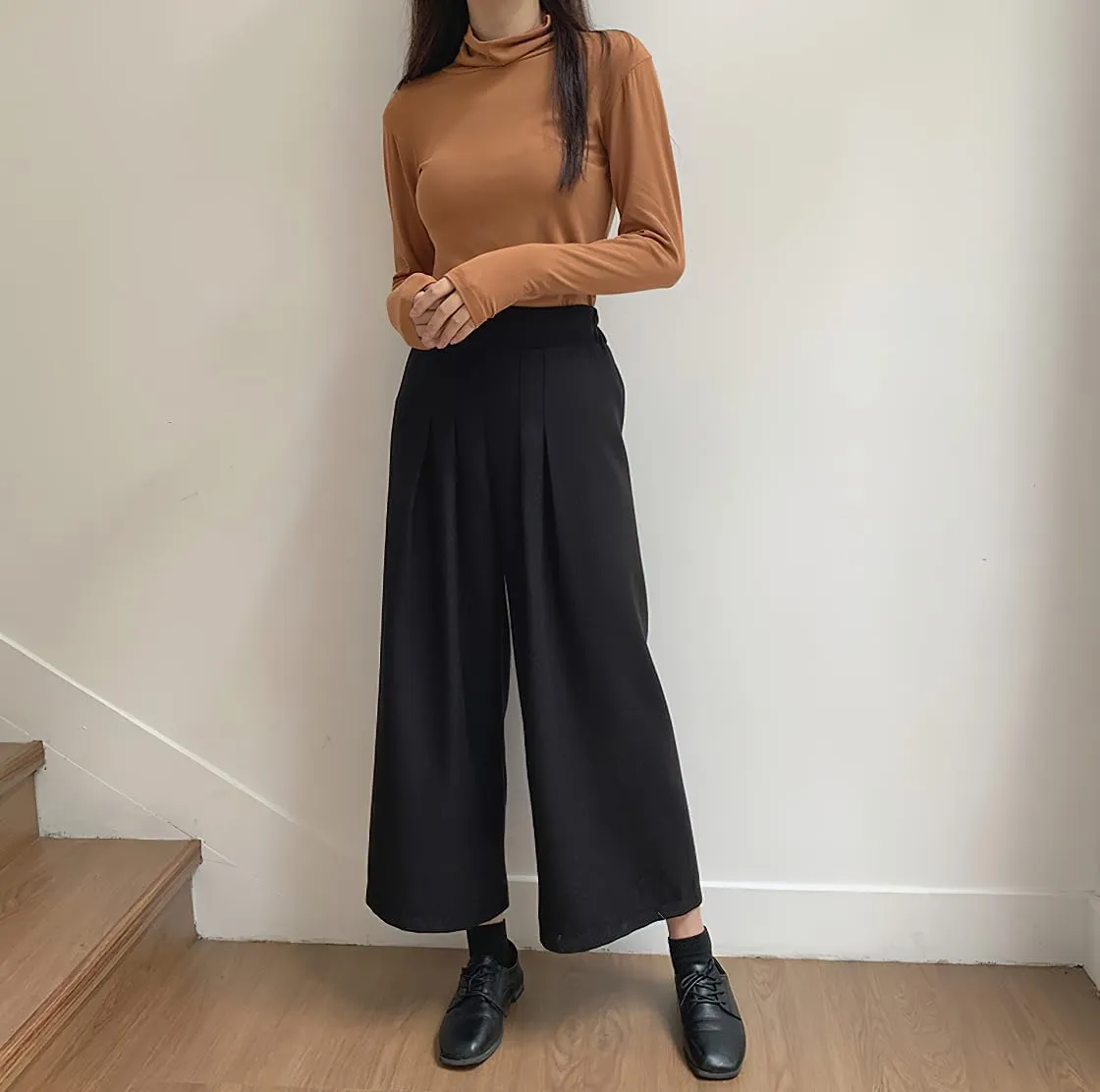 chouyatou Women's Plaid Wool Blend Culottes Capri Plaid Pants Elastic High Waist Wide Leg Palazzo Trouser