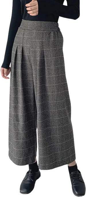 chouyatou Women's Plaid Wool Blend Culottes Capri Plaid Pants Elastic High Waist Wide Leg Palazzo Trouser
