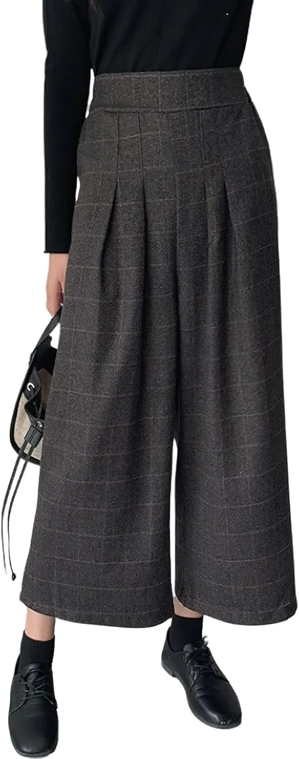 chouyatou Women's Plaid Wool Blend Culottes Capri Plaid Pants Elastic High Waist Wide Leg Palazzo Trouser