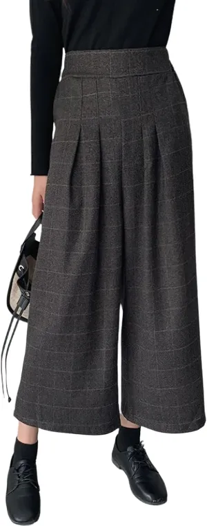 chouyatou Women's Plaid Wool Blend Culottes Capri Plaid Pants Elastic High Waist Wide Leg Palazzo Trouser