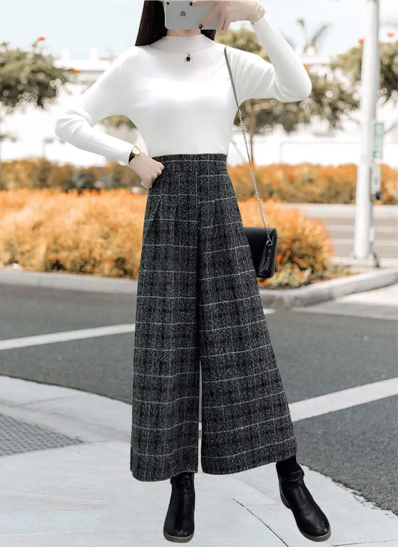 chouyatou Women's Winter High Waist Wide Leg Plaid Wool Blend Palazzo Capri Pants Culottes with Pockets