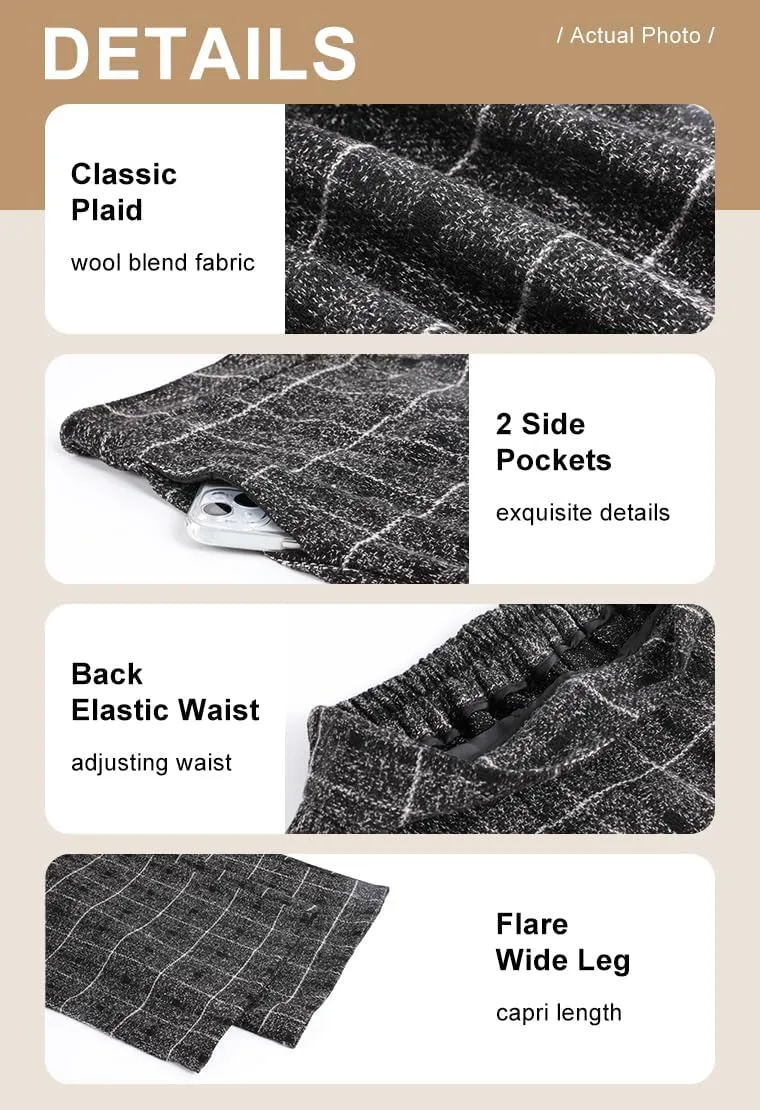 chouyatou Women's Winter High Waist Wide Leg Plaid Wool Blend Palazzo Capri Pants Culottes with Pockets