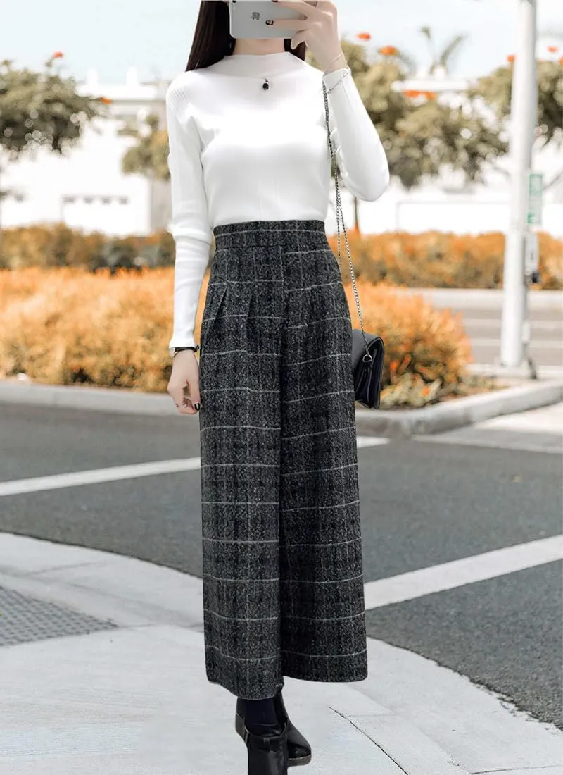 chouyatou Women's Winter High Waist Wide Leg Plaid Wool Blend Palazzo Capri Pants Culottes with Pockets