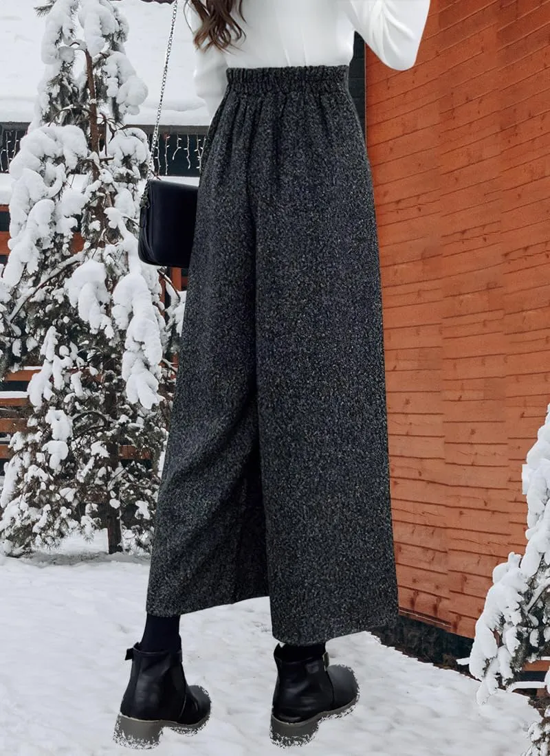 chouyatou Women's Winter High Waist Wide Leg Plaid Wool Blend Palazzo Capri Pants Culottes with Pockets