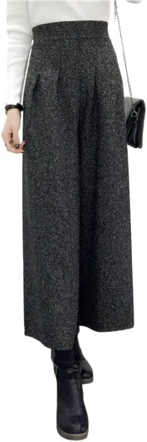 chouyatou Women's Winter High Waist Wide Leg Plaid Wool Blend Palazzo Capri Pants Culottes with Pockets