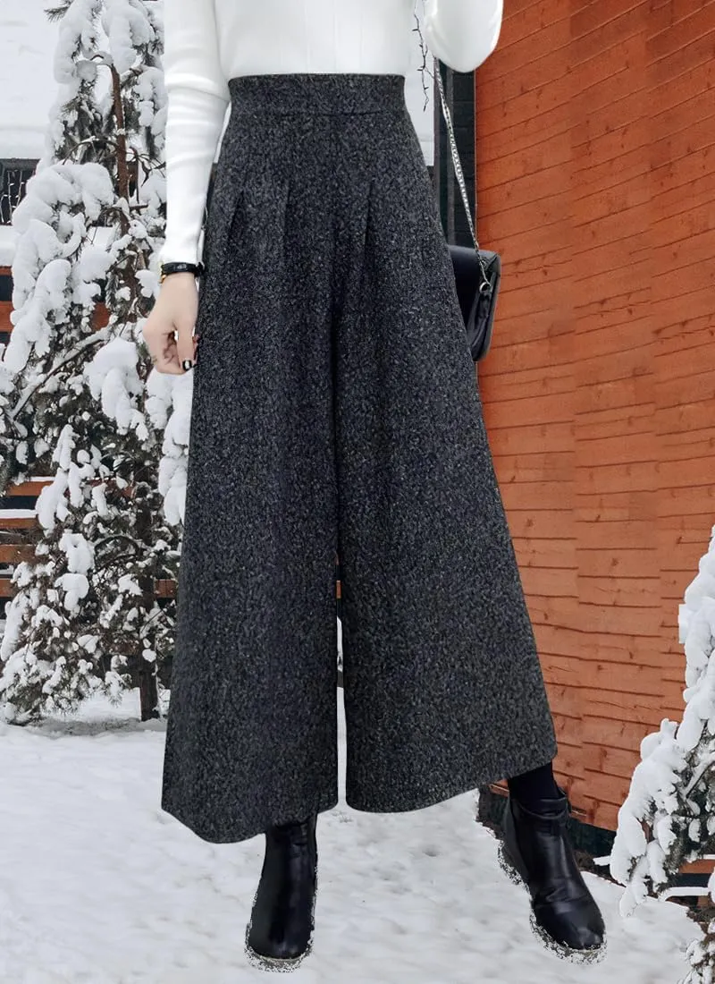 chouyatou Women's Winter High Waist Wide Leg Plaid Wool Blend Palazzo Capri Pants Culottes with Pockets