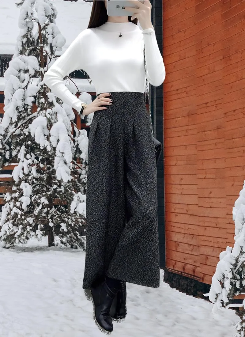 chouyatou Women's Winter High Waist Wide Leg Plaid Wool Blend Palazzo Capri Pants Culottes with Pockets