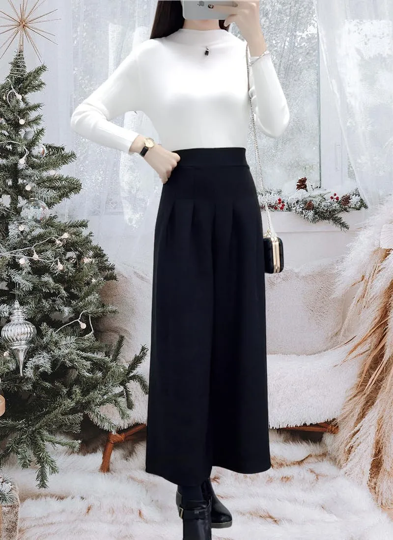 chouyatou Women's Winter High Waist Wide Leg Plaid Wool Blend Palazzo Capri Pants Culottes with Pockets