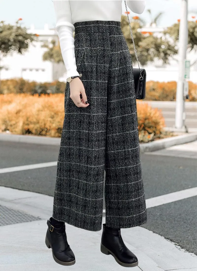 chouyatou Women's Winter High Waist Wide Leg Plaid Wool Blend Palazzo Capri Pants Culottes with Pockets