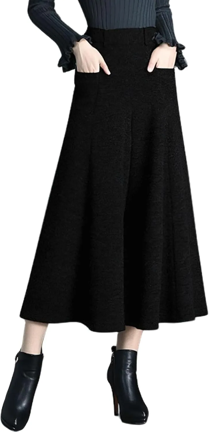 chouyatou Women's Wool Blend Culottes Capri Cropped Pants Pleated High Waist Wide Leg Palazzo Trousers
