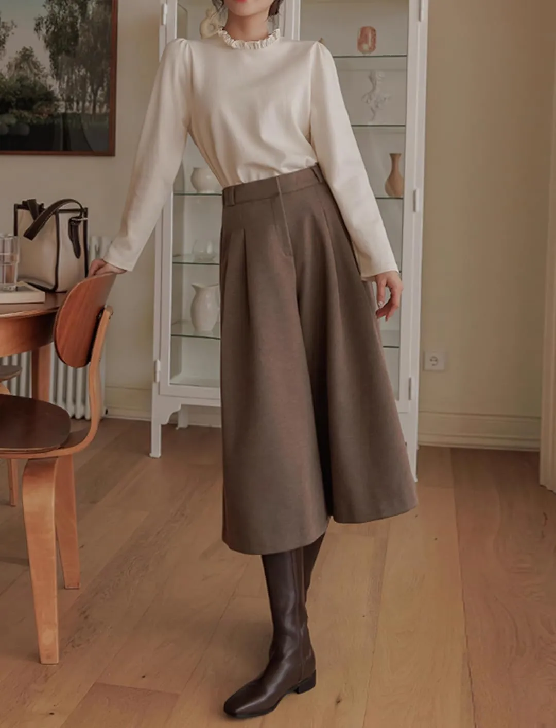chouyatou Women's Wool Culottes Capri Cropped Pants Pleated Elastic High Waist Wide Leg Palazzo Trouser