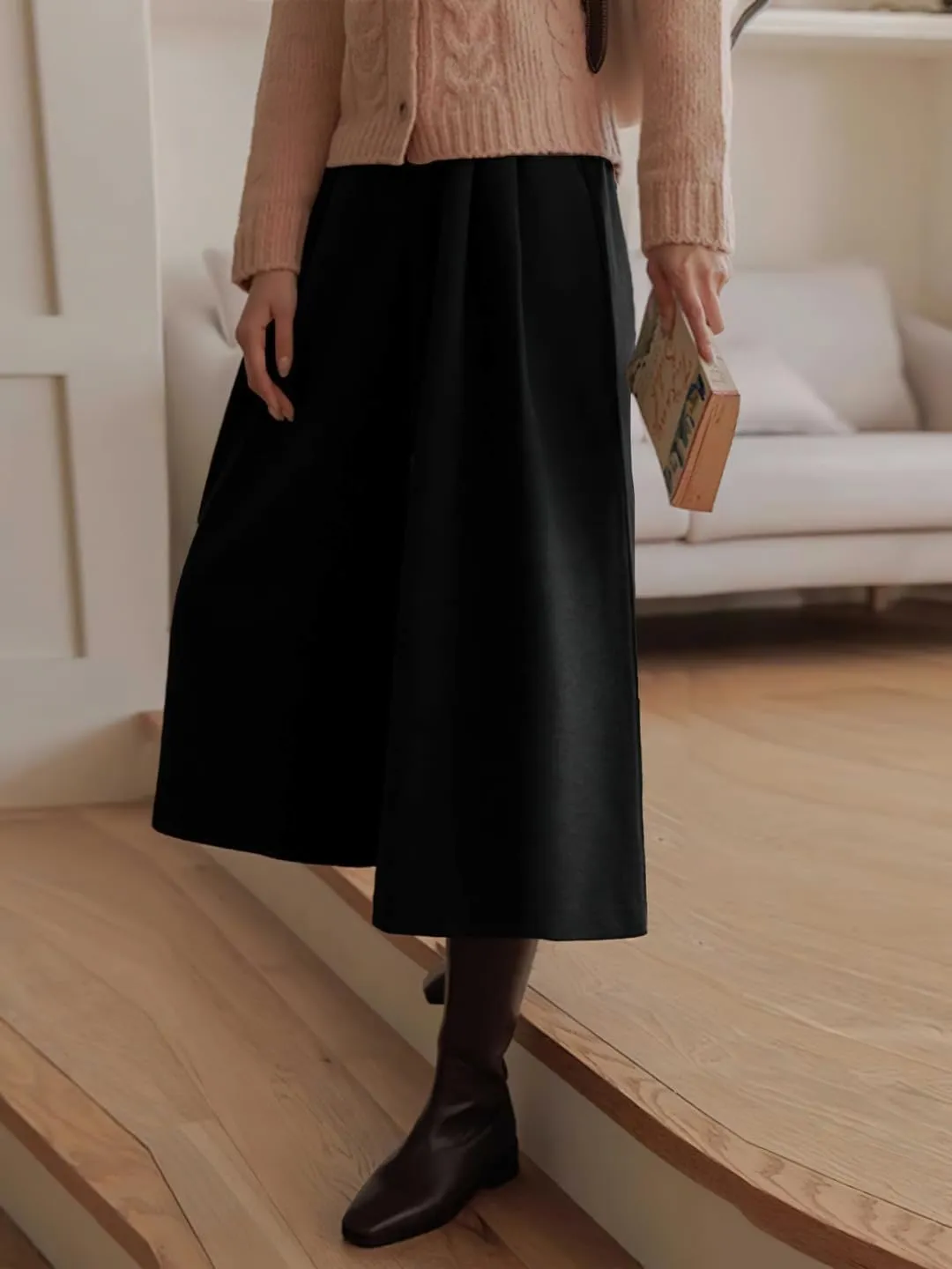chouyatou Women's Wool Culottes Capri Cropped Pants Pleated Elastic High Waist Wide Leg Palazzo Trouser