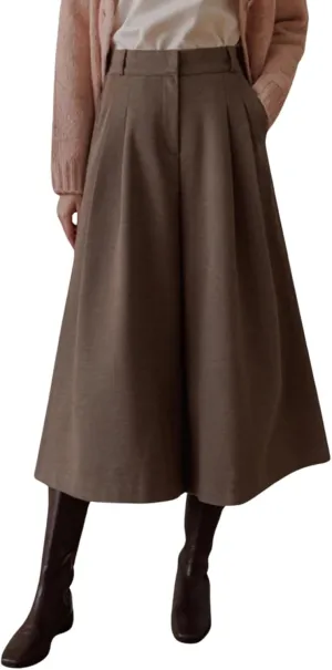 chouyatou Women's Wool Culottes Capri Cropped Pants Pleated Elastic High Waist Wide Leg Palazzo Trouser