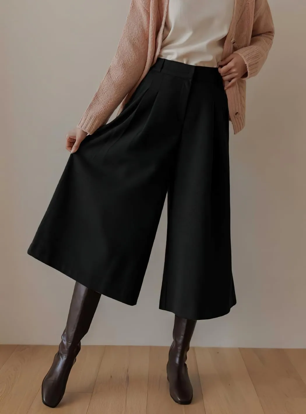 chouyatou Women's Wool Culottes Capri Cropped Pants Pleated Elastic High Waist Wide Leg Palazzo Trouser