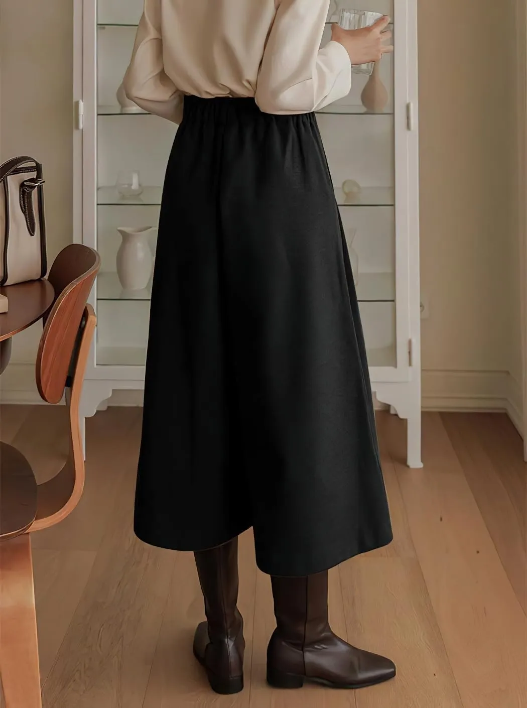chouyatou Women's Wool Culottes Capri Cropped Pants Pleated Elastic High Waist Wide Leg Palazzo Trouser