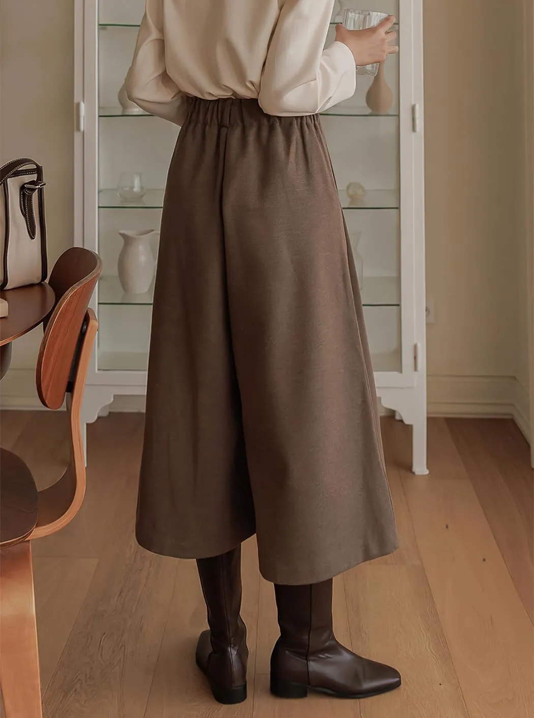 chouyatou Women's Wool Culottes Capri Cropped Pants Pleated Elastic High Waist Wide Leg Palazzo Trouser
