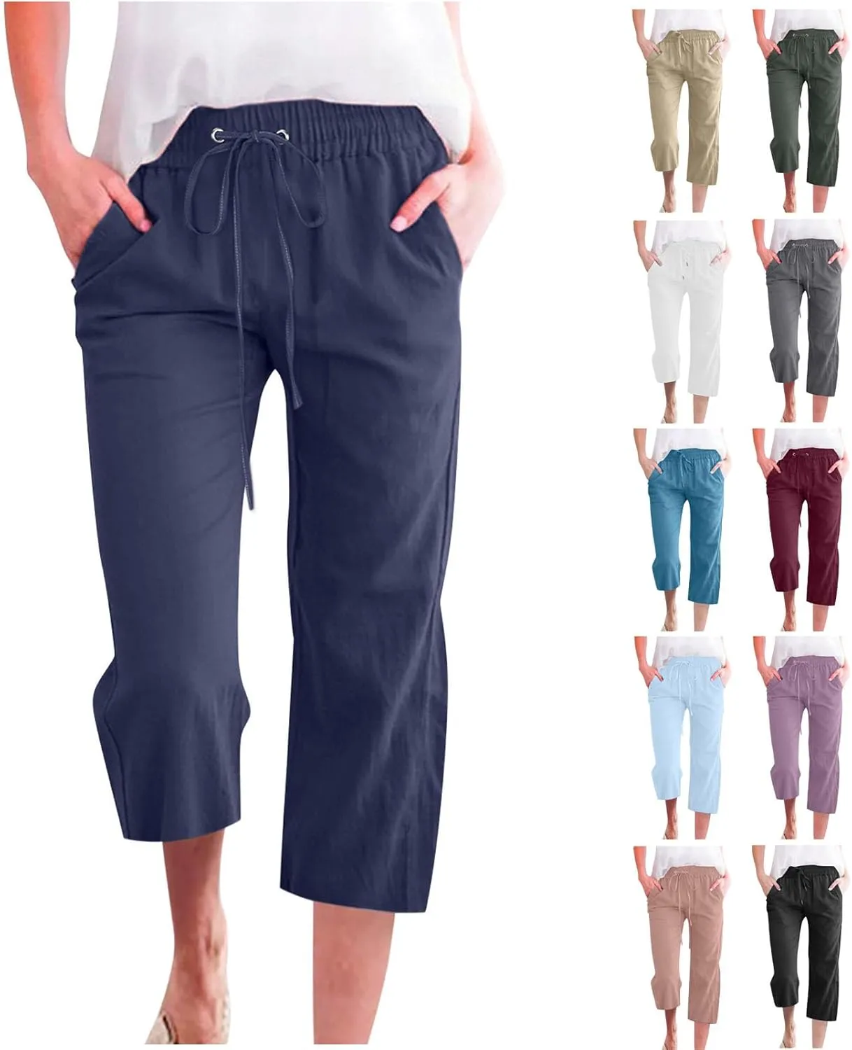 Christmas Clearance,Capri Pants for Women Casual Summer Cotton Linen Capris Drawstring Elastic High Waist Pants Wide Leg Cropped Trouser