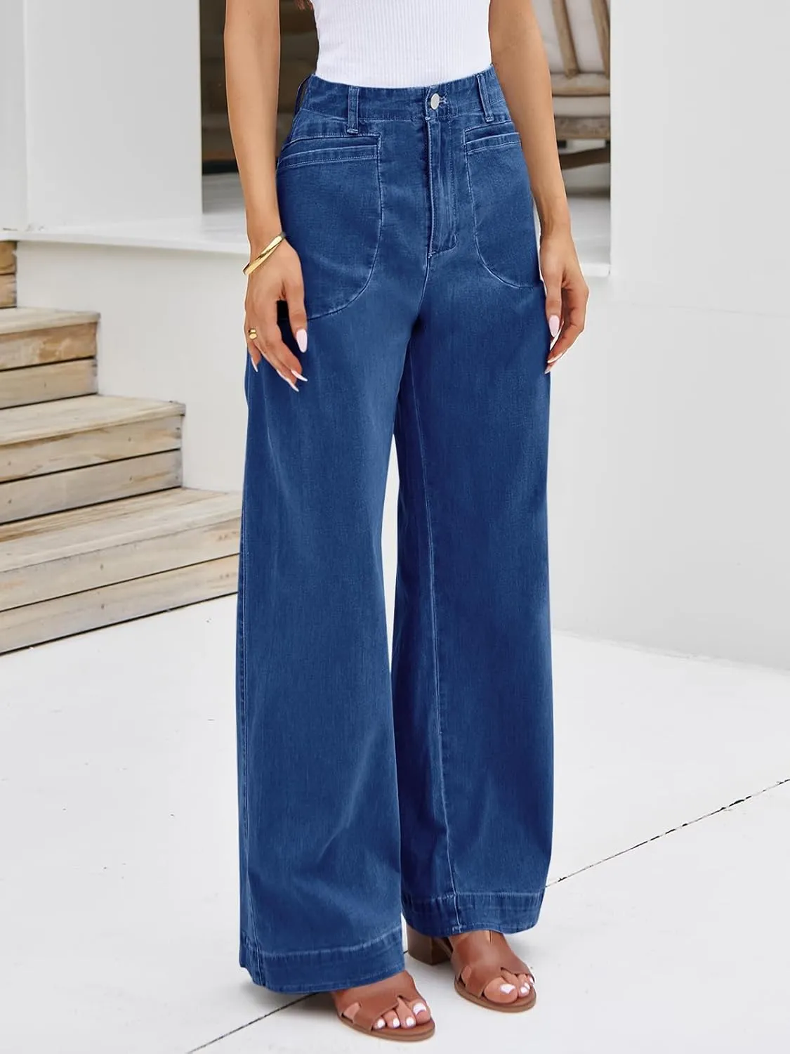 Cicy Bell Womens Wide Leg Jeans High Waisted Stretchy Baggy Loose Denim Casual Pants with Pockets