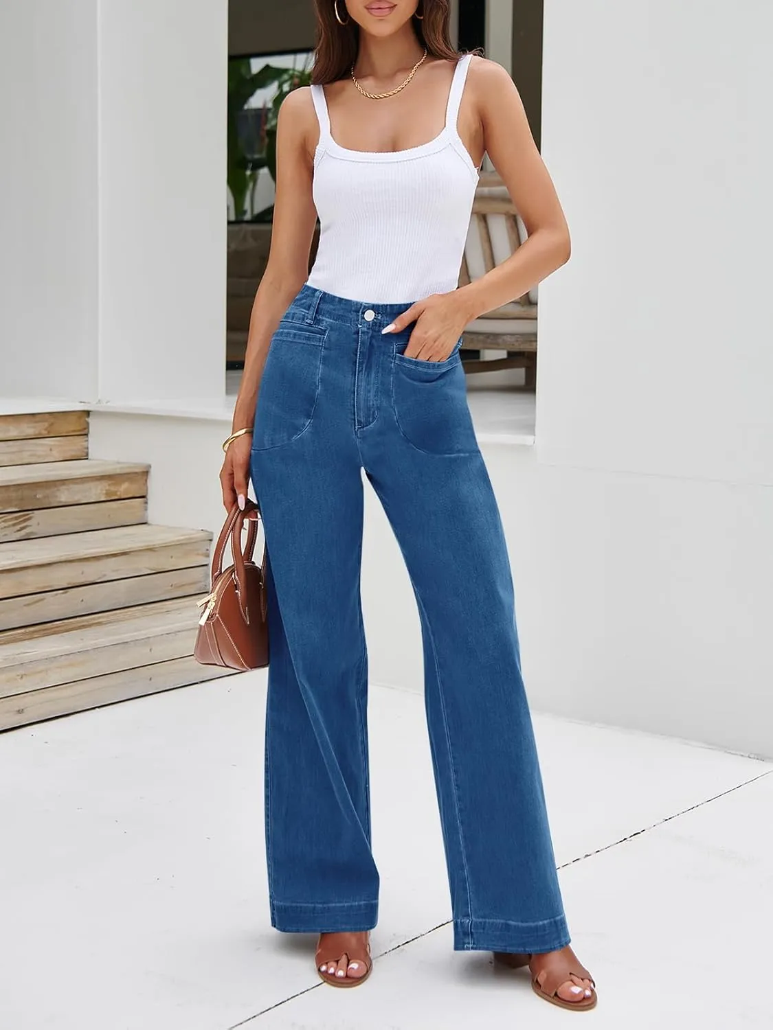 Cicy Bell Womens Wide Leg Jeans High Waisted Stretchy Baggy Loose Denim Casual Pants with Pockets