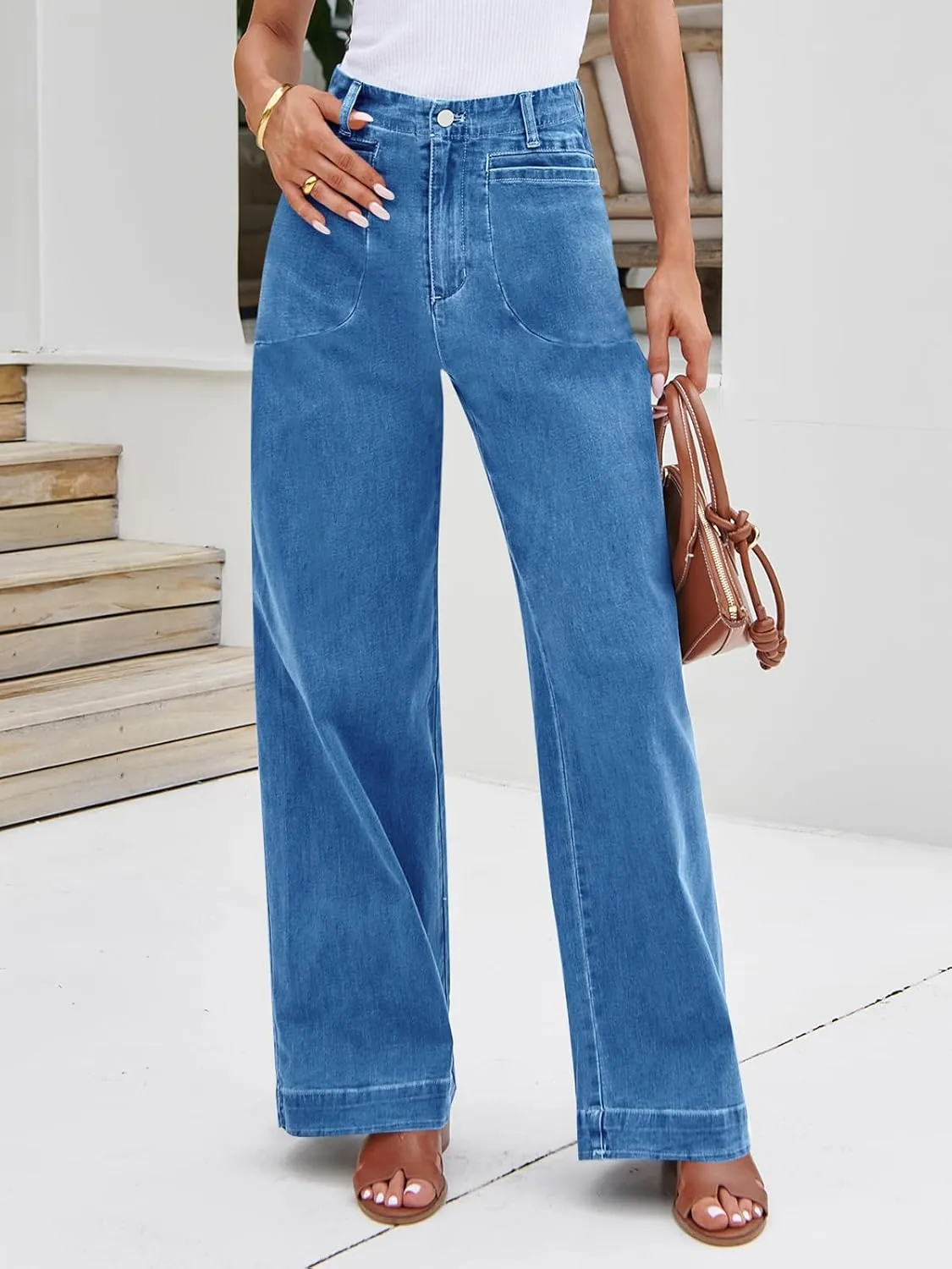 Cicy Bell Womens Wide Leg Jeans High Waisted Stretchy Baggy Loose Denim Casual Pants with Pockets
