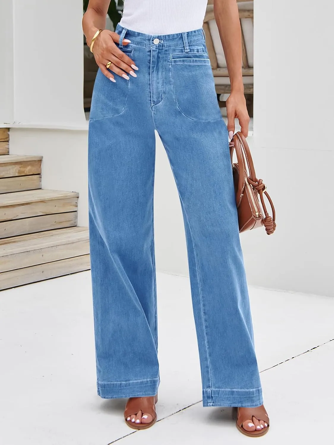 Cicy Bell Womens Wide Leg Jeans High Waisted Stretchy Baggy Loose Denim Casual Pants with Pockets