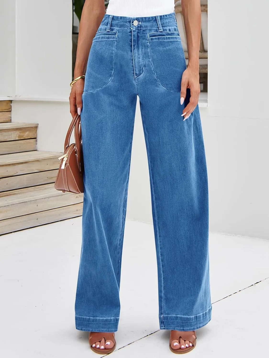 Cicy Bell Womens Wide Leg Jeans High Waisted Stretchy Baggy Loose Denim Casual Pants with Pockets