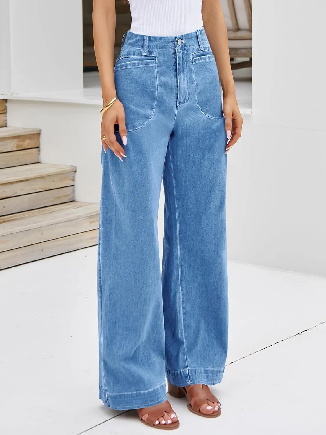 Cicy Bell Womens Wide Leg Jeans High Waisted Stretchy Baggy Loose Denim Casual Pants with Pockets