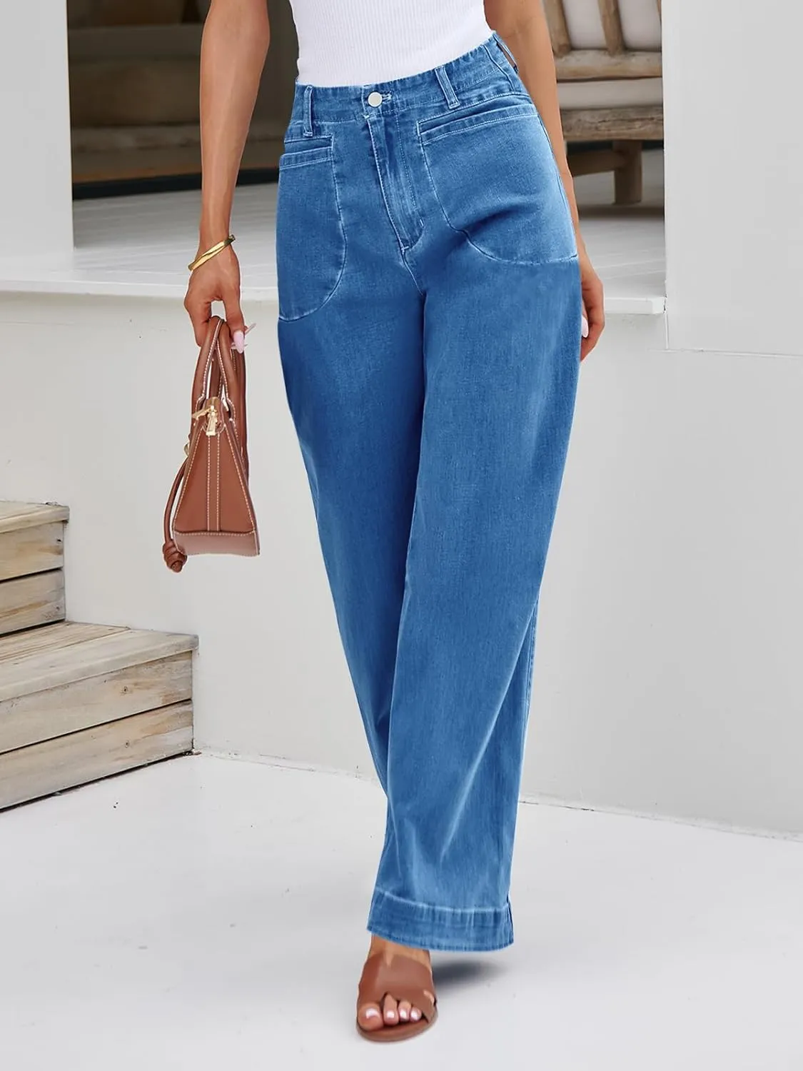 Cicy Bell Womens Wide Leg Jeans High Waisted Stretchy Baggy Loose Denim Casual Pants with Pockets