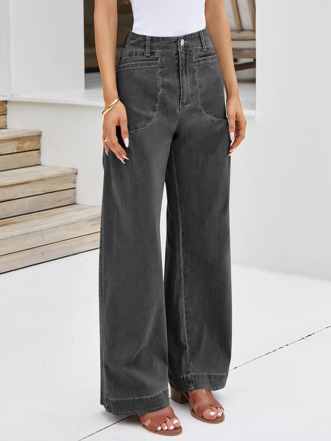 Cicy Bell Womens Wide Leg Jeans High Waisted Stretchy Baggy Loose Denim Casual Pants with Pockets