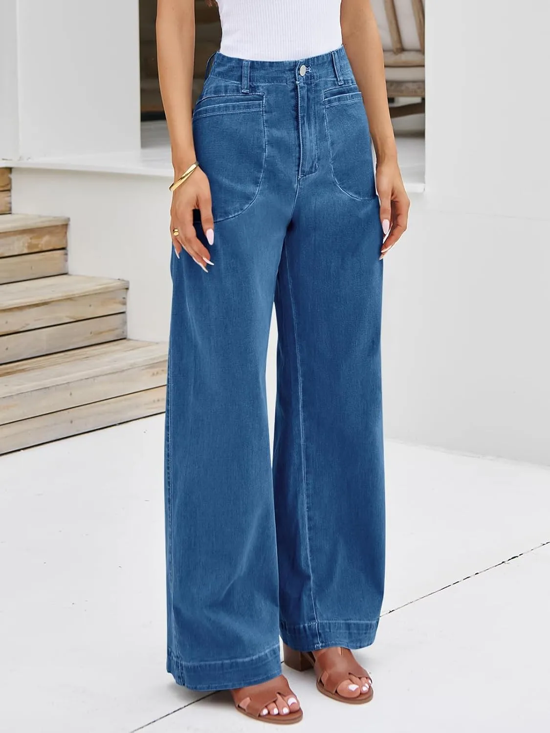 Cicy Bell Womens Wide Leg Jeans High Waisted Stretchy Baggy Loose Denim Casual Pants with Pockets