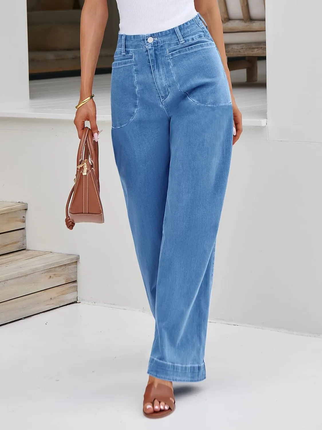 Cicy Bell Womens Wide Leg Jeans High Waisted Stretchy Baggy Loose Denim Casual Pants with Pockets