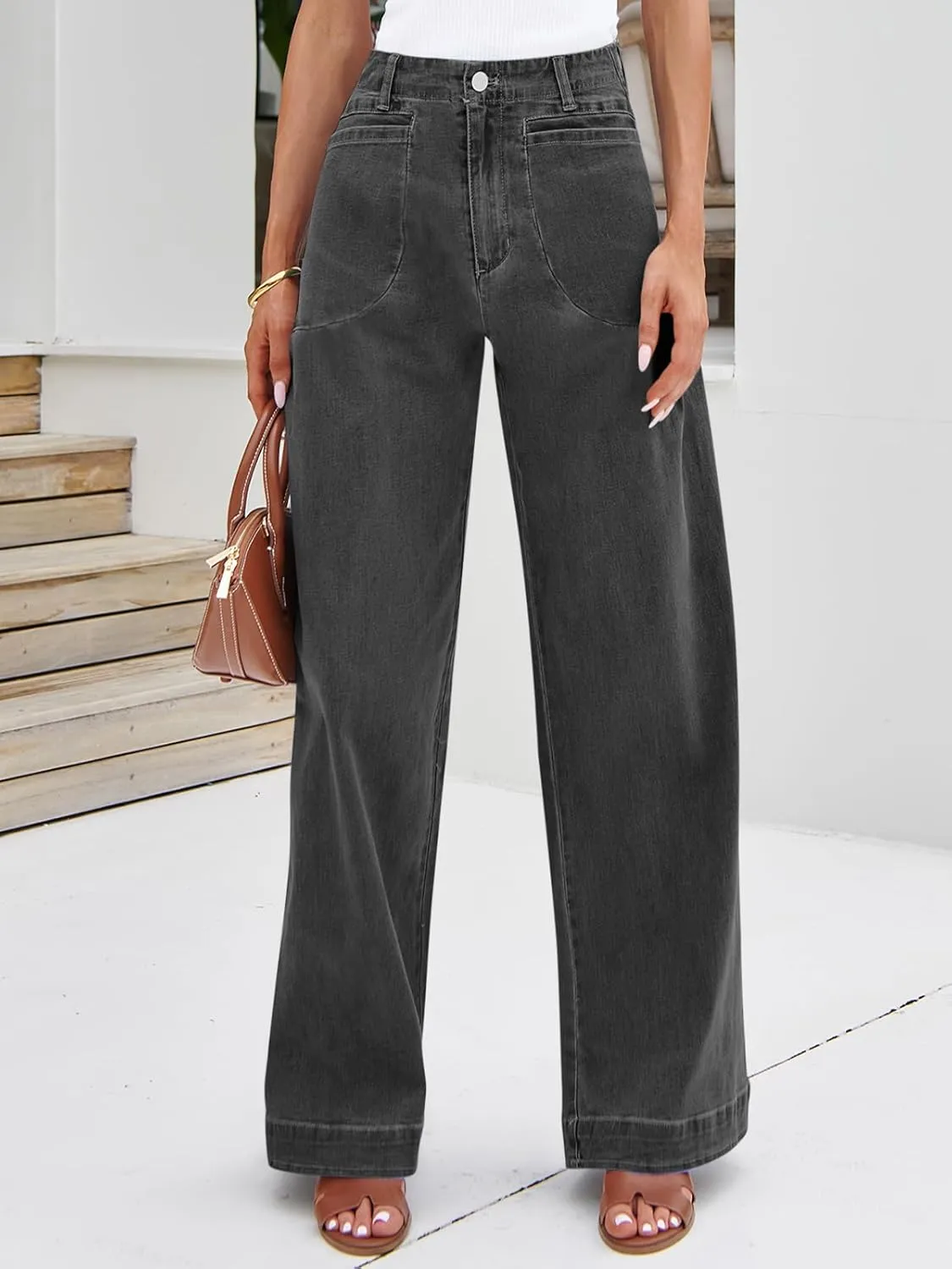Cicy Bell Womens Wide Leg Jeans High Waisted Stretchy Baggy Loose Denim Casual Pants with Pockets