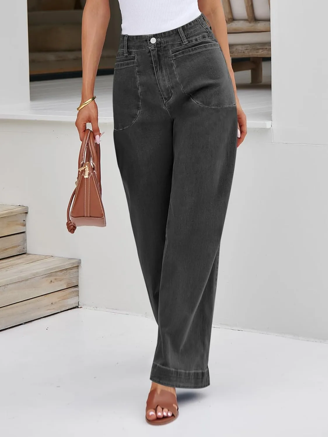 Cicy Bell Womens Wide Leg Jeans High Waisted Stretchy Baggy Loose Denim Casual Pants with Pockets
