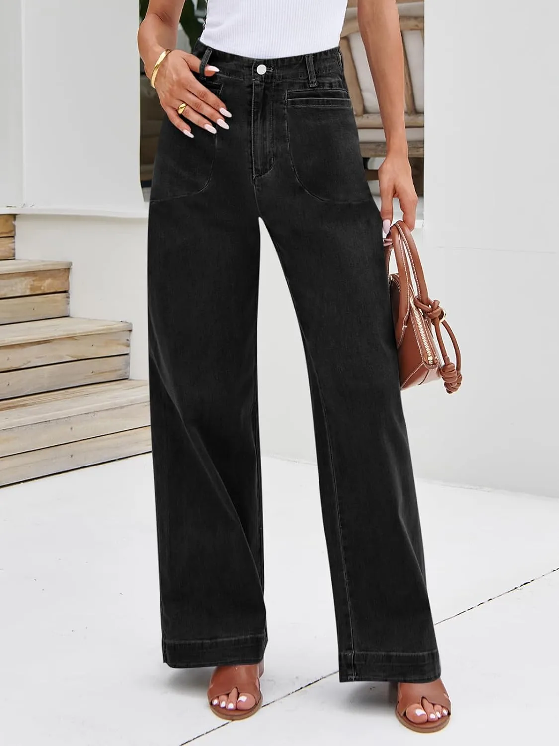 Cicy Bell Womens Wide Leg Jeans High Waisted Stretchy Baggy Loose Denim Casual Pants with Pockets