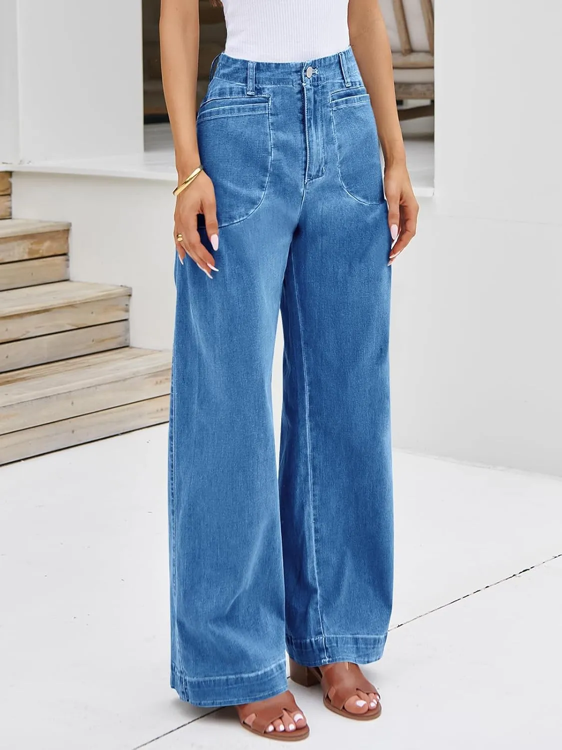 Cicy Bell Womens Wide Leg Jeans High Waisted Stretchy Baggy Loose Denim Casual Pants with Pockets