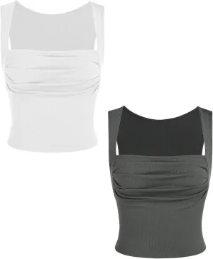 CIDER 2 Pack Women Tank Tops Set Ruched Square Neck Sleeveless Going Out Cute Crop Top Trendy