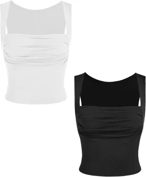 CIDER 2 Pack Women Tank Tops Set Ruched Square Neck Sleeveless Going Out Cute Crop Top Trendy