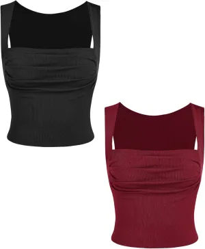 CIDER 2 Pack Women Tank Tops Set Ruched Square Neck Sleeveless Going Out Cute Crop Top Trendy