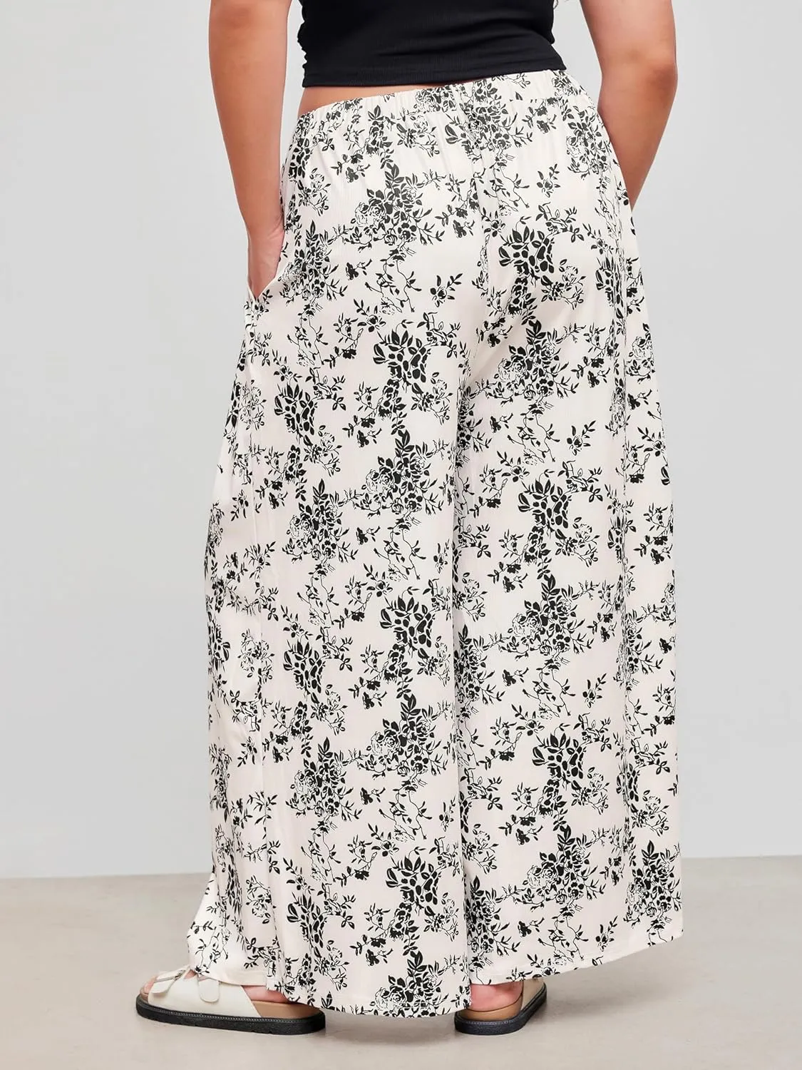 CIDER Womens Plus Size Wide Leg Pants Palazzo Flowy Elastic Waist Pants with Pockets