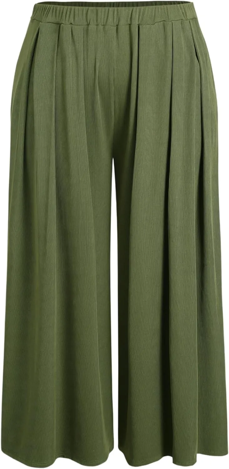 CIDER Womens Plus Size Wide Leg Pants Palazzo Flowy Elastic Waist Pants with Pockets