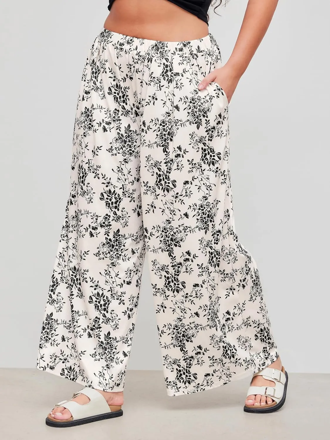 CIDER Womens Plus Size Wide Leg Pants Palazzo Flowy Elastic Waist Pants with Pockets