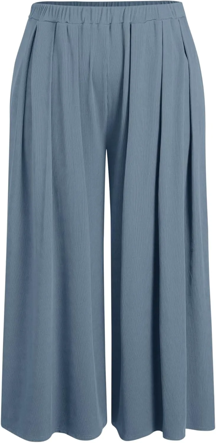 CIDER Womens Plus Size Wide Leg Pants Palazzo Flowy Elastic Waist Pants with Pockets