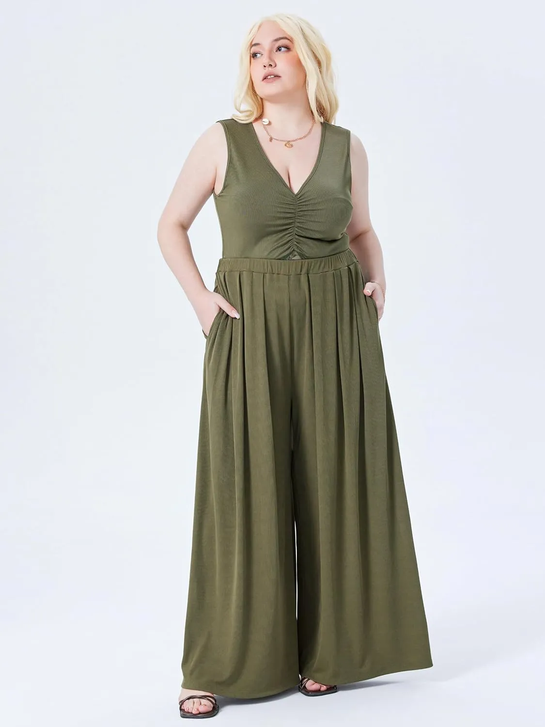 CIDER Womens Plus Size Wide Leg Pants Palazzo Flowy Elastic Waist Pants with Pockets