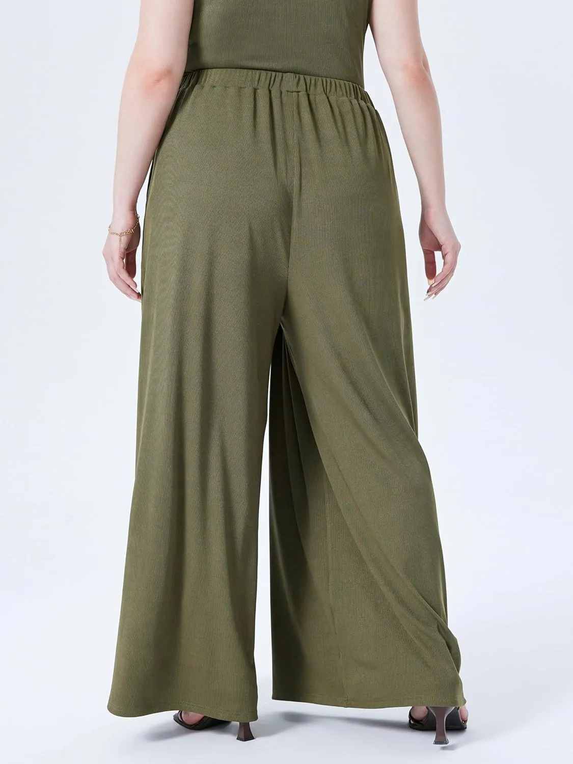 CIDER Womens Plus Size Wide Leg Pants Palazzo Flowy Elastic Waist Pants with Pockets