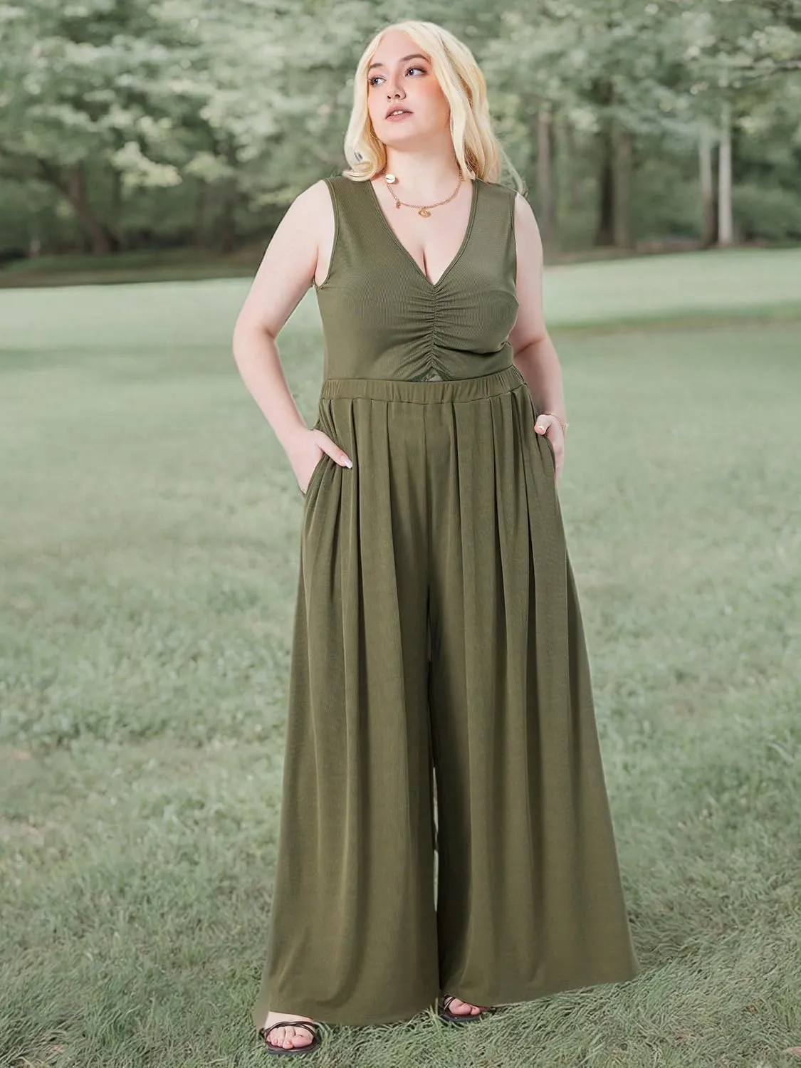 CIDER Womens Plus Size Wide Leg Pants Palazzo Flowy Elastic Waist Pants with Pockets