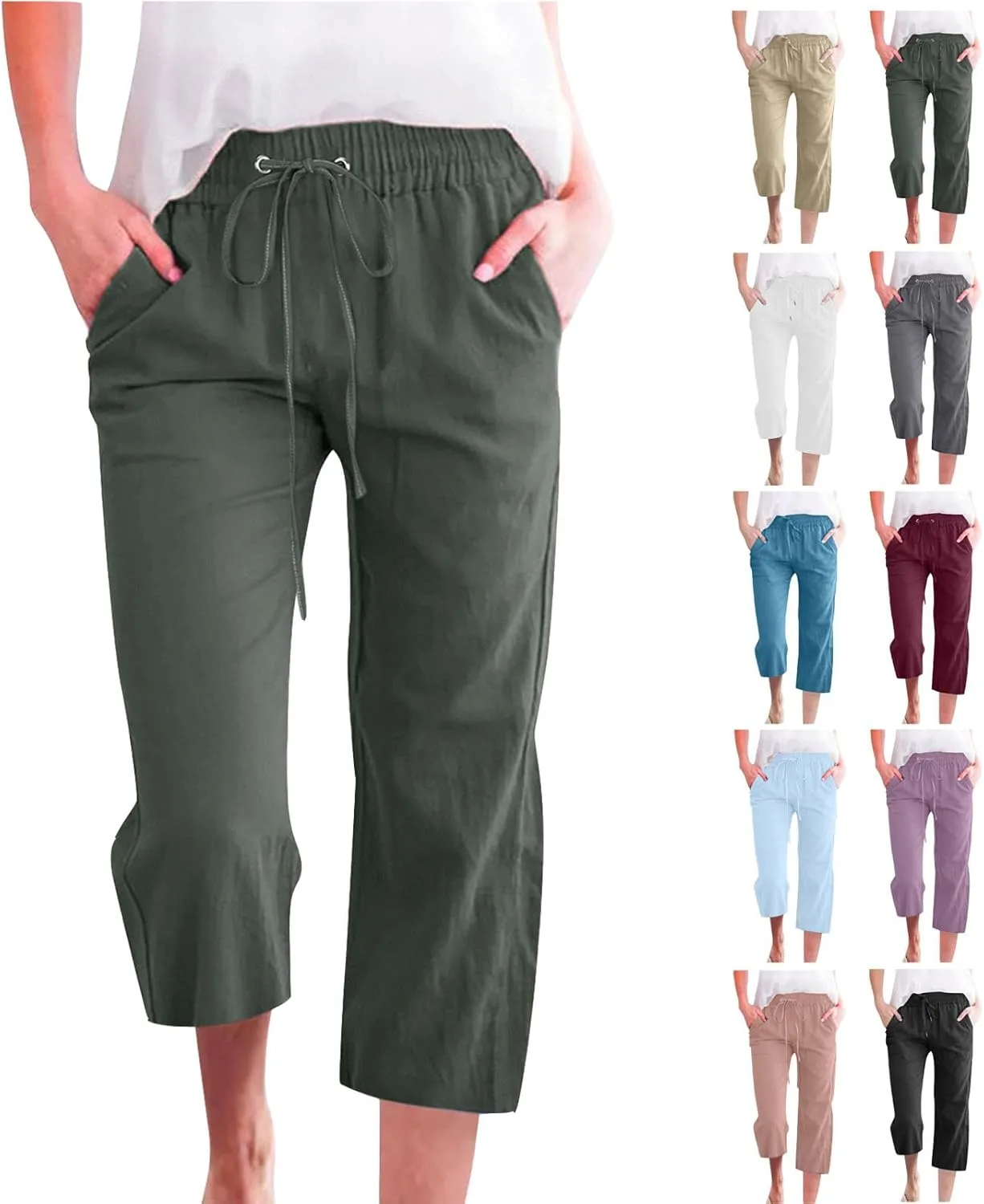 Clearance,Capri Pants for Women Casual Summer Cotton Linen Capris Drawstring Elastic High Waist Pants Wide Leg Cropped Trouser